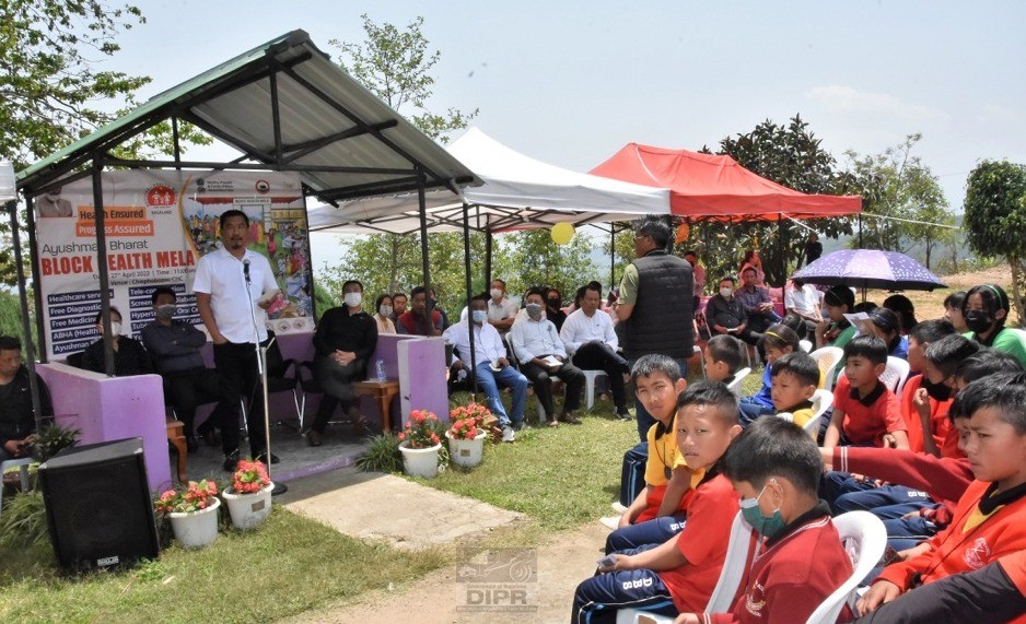Chairman, NKVIB, Dr Neiphrezo Keditsu speaking at the 2nd block level health mela at CHC Chiephobozou, Kohima on April 27. (DIPR Photo)